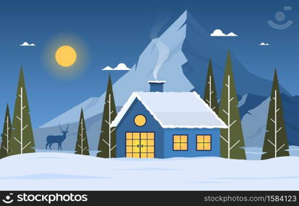 Winter Snow Pine Mountain House Night Nature Landscape Illustration