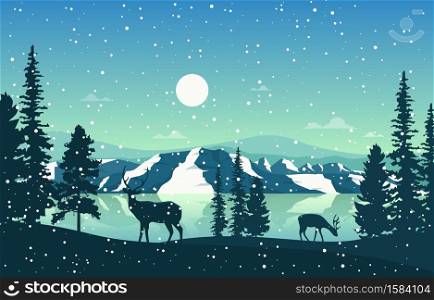 Winter Snow Pine Mountain Lake Deer Nature Landscape Illustration