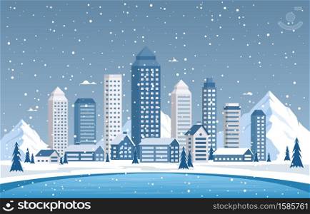 Winter Snow Pine Mountain Snowfall City House Landscape Illustration