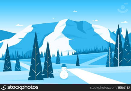 Winter Snow Pine Mountain Snowman Street Nature Landscape Illustration