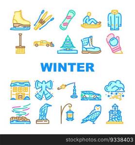 winter snow season blue icons set vector. cold landscape, holiday snowflake, sky ice, forest nature, card banner, tree scene winter snow season blue color line illustrations. winter snow season blue icons set vector