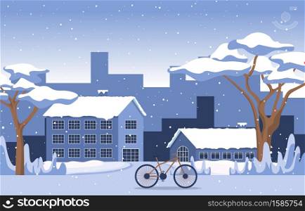 Winter Snow Tree Snowfall City Bike Landscape Illustration