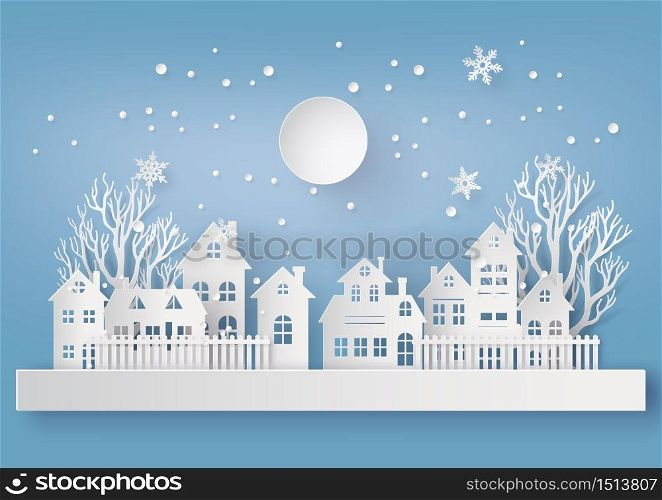 Winter Snow Urban Countryside Landscape City Village with ful lmoon