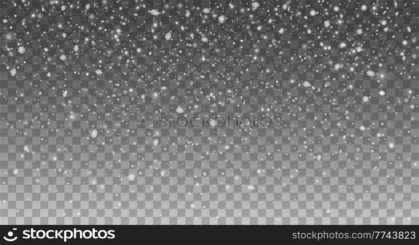 Winter snowfall or snowstorm, realistic Christmas falling snow on transparent background. White snowflakes with effect of cold ice flakes fall, Xmas and new year winter holiday snowfall overlay. Winter snow fall, realistic Christmas snowflakes