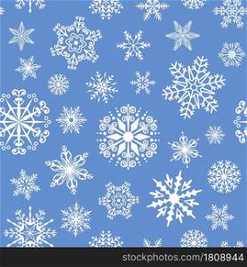 Winter snowflake seamless pattern, christmas ice flakes. Xmas gift wrapping paper texture with snow crystals and snowflakes vector background. Holiday decoration with icy elements for presents. Winter snowflake seamless pattern, christmas ice flakes. Xmas gift wrapping paper texture with snow crystals and snowflakes vector background