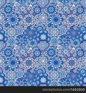 Winter snowflakes Damask flower seamless pattern blue background. Bohemian nomadic New year rapport surface fill. Abstract vector tribal ethnic background seamless pattern
