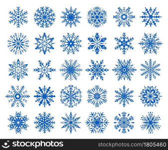 Winter snowflakes icons, ice flakes, snow crystals ornaments. Christmas snowflake decorations, blue frozen crystal silhouette vector set. Holiday decor, different ornament design and shape. Winter snowflakes icons, ice flakes, snow crystals ornaments. Christmas snowflake decorations, blue frozen crystal silhouette vector set
