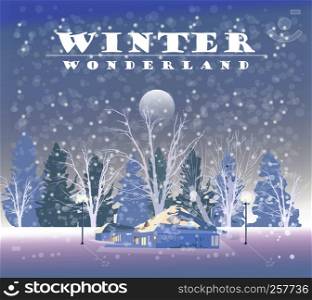 Winter snowing background Vector. Small house and woods. Christmas mood. cartoon style. Winter snowing background Vector. Small house and woods. Christmas mood. cartoon styles