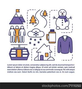 Winter, snowy holiday, vacation article page vector template. Ski resort brochure, magazine, booklet design with linear icons and text boxes. Print design. Concept illustrations with text space