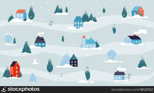 Winter snowy landscape. Christmas house minimal background, country or cute village in forest. Flat street cold weather and snow. Minimalism rural small buildings, neighborhood vector illustration. Winter snowy landscape. Christmas house minimal background, country or cute village in forest. Flat street cold weather and snow