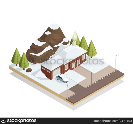 Winter snowy landscape isometric composition with car by garage door cottage rocky mountains fir-trees vector illustration . Winter bungalow Landscape Isometric Composition