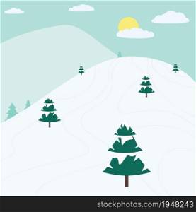 Winter snowy mountains and abstract evergreen trees cartoon landscape.