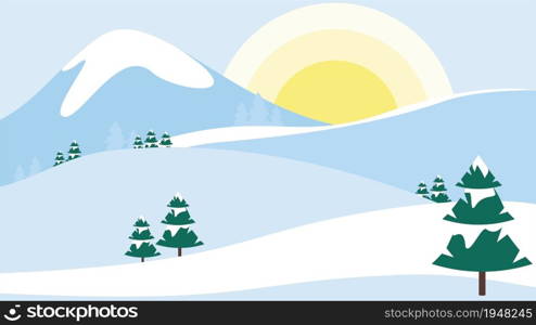 Winter snowy mountains and abstract evergreen trees cartoon landscape.