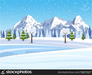Winter snowy Mountains landscape with pines, hills and snowflakes. Vector illustration in flat style. Winter snowy Mountains landscape