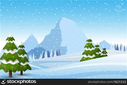 Winter snowy Mountains landscape with pines, hills and snowflakes. Vector illustration in flat style. Winter snowy Mountains landscape