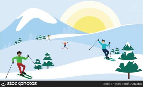 Winter snowy mountains with evergreen trees and skiing people cartoon landscape.