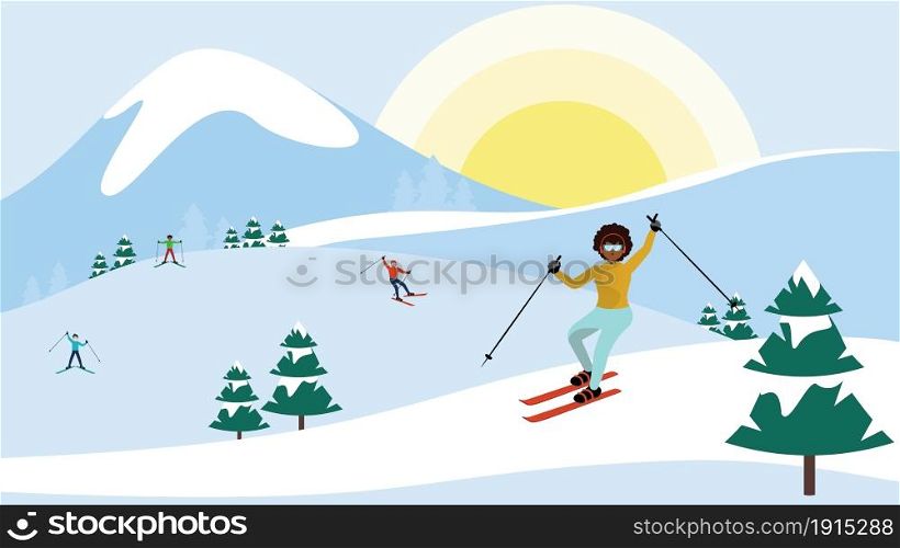 Winter snowy mountains with evergreen trees and skiing people cartoon landscape.