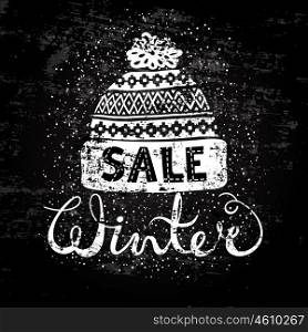 Winter Special banner or label with a knitted woolen cap. Business seasonal shopping concept sale.. Winter Special banner or label with a knitted woolen cap. Business seasonal shopping concept sale. Stylized drawing chalk on blackboard. Isolated vector illustration.