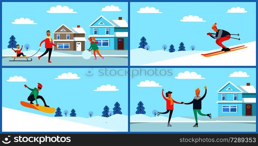 Winter sport and activities outdoors, man with sled and son sitting on it, male skiing and couple ice-skating, snowboarder vector illustration. Winter Sport and Activities Vector Illustration