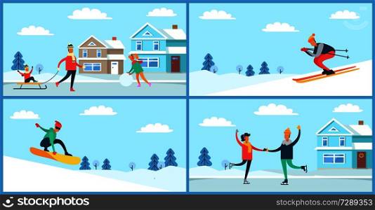 Winter sport and activities outdoors, man with sled and son sitting on it, male skiing and couple ice-skating, snowboarder vector illustration. Winter Sport and Activities Vector Illustration