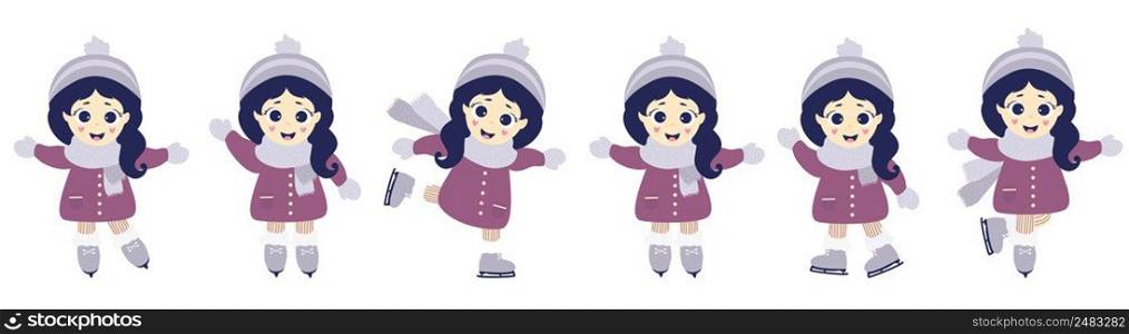 Winter sport and recreation. Cute girl ice skating in different poses. Vector illustration. Isolated over white background. Childrens collection. Flat design