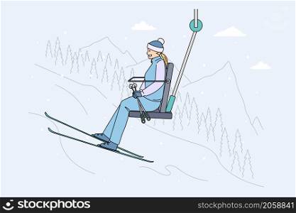 Winter sport and Ski lift concept. Positive young woman skier riding up on ski lift to slide down slope in mountains outdoors enjoying winter vector illustration. Winter sport and Ski lift concept