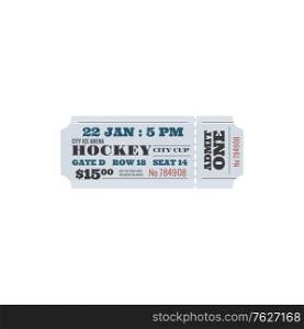 Winter sport championship on ice hockey isolated retro ticket mockup. Vector admit one on tournament at city arena, gate, raw and seat mention. Vintage access on ice rink, cutting line,control sign. Ice hockey on city arena isolated ticket mockup