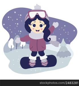 Winter sport. Cute pretty girl is snowboarding and waving. Character on a decorative background with a winter landscape and snow. Vector illustration. Isolated. Childrens collection. Flat design