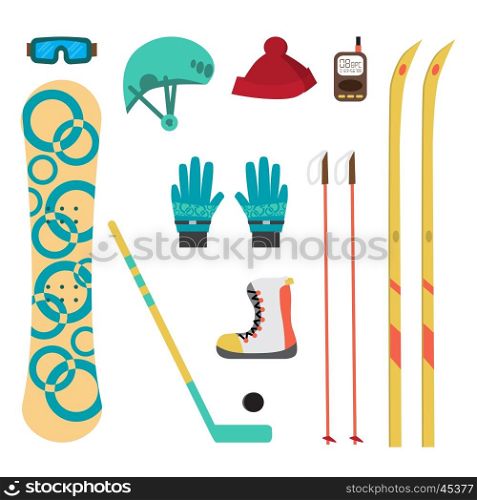 Winter sport different accessories snowboard, cross-country skiing, ice hockey. Flat cartoon vector illustration