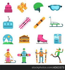 Winter sport flat icons set with ski skate and snowboard equipment isolated vector illustration. Winter sport set