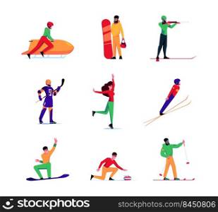 Winter sport games. Skiing sledding snowboarding olympic games athletes garish vector flat people. Illustration of winter sport equipment. Winter sport games. Skiing sledding snowboarding olympic games athletes garish vector flat people
