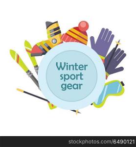 Winter sport gear vector concept. Flat design. Illustration with ski, boots, gloves, goggles. Winter sportswear and equipment. Cold season entertainments and outdoor activity. For resort, shop ad. Winter Sport Gear Vector Concept in Flat Design. Winter Sport Gear Vector Concept in Flat Design