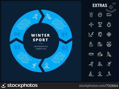 Winter sport infographic template, elements and icons. Infograph includes customizable circular diagram, line icon set with sport equipment, winner trophy, team games, champion pedestal, athlete etc.. Winter sport infographic template, elements, icons