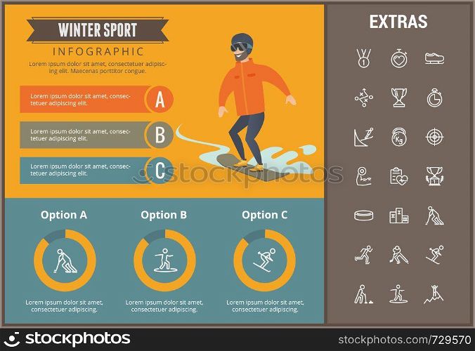 Winter sport infographic template, elements and icons. Infograph includes customizable graphs, charts, line icon set with sport equipment, winner trophy, team games, champion pedestal, athlete etc.. Winter sport infographic template, elements, icons