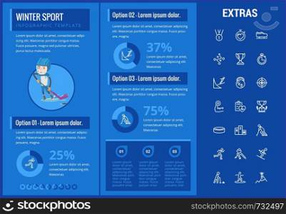 Winter sport infographic template, elements and icons. Infograph includes customizable graphs, charts, line icon set with sport equipment, winner trophy, team games, champion pedestal, athlete etc.. Winter sport infographic template, elements, icons