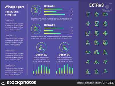 Winter sport infographic template, elements and icons. Infograph includes customizable graphs, four options, line icon set with sport equipment, trophy, team games, champion pedestal, athlete etc.. Winter sport infographic template, elements, icons