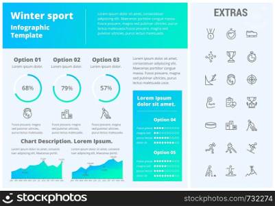 Winter sport infographic template, elements and icons. Infograph includes customizable graphs, three options, line icon set with sport equipment, trophy, team games, champion pedestal, athlete etc.. Winter sport infographic template, elements, icons