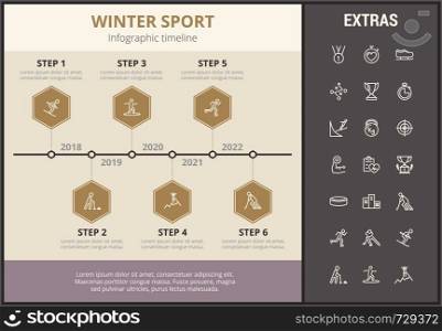 Winter sport infographic timeline template, elements and icons. Infograph includes step number options, line icon set with sport equipment, winner trophy, team games, champion pedestal, athlete etc.. Winter sport infographic template, elements, icons