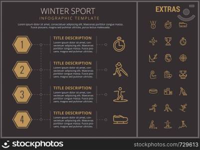 Winter sport infographic timeline template, elements and icons. Infograph includes numbered options, line icon set with sport equipment, winner trophy, team games, champion pedestal, athlete etc.. Winter sport infographic template, elements, icons