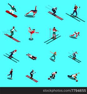 Winter sport isometric people set of isolated human figures of athletes in uniform with appropriate outfit vector illustration. Snowsports People Isometric Collection