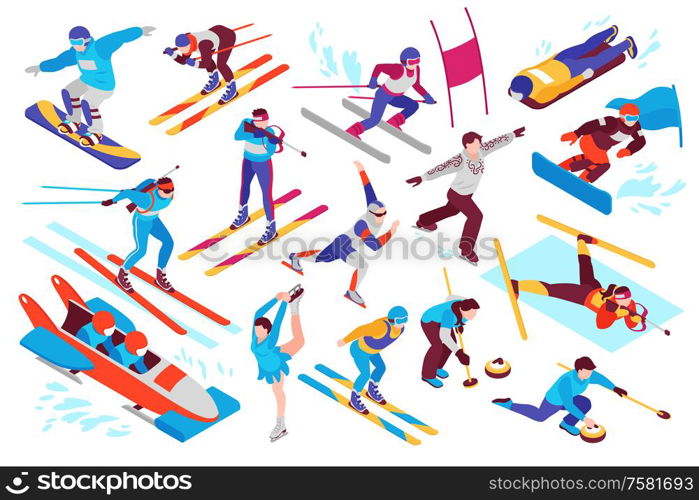 Winter sport isometric set with snowboarding alpine skiing biathlon curling figure skating bobsled isolated vector illustration