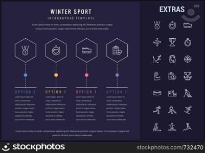 Winter sport options infographic template, elements and icons. Infograph includes options, line icon set with sports equipment, trophy, team games, champion pedestal, athlete, competitive sport etc.. Winter sport infographic template, elements, icons
