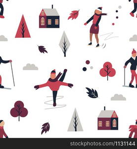 Winter sport pattern with different characters and elements in minimalistic style. Winter sport pattern with different characters, elements