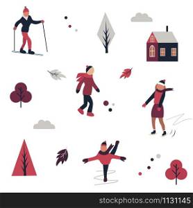 Winter sport pattern with different characters and elements in minimalistic style. Winter sport pattern with different characters, elements