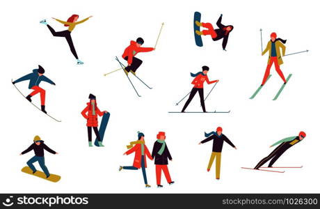 Winter sport people. Including ice skater, snowboarder and skier isolated elements. Winter extreme holidays snowboarding activities vector set. Winter sport people. Including ice skater, snowboarder and skier isolated elements. Winter holidays activities vector set
