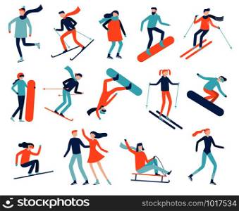 Winter sport people. Sportsman on snowboard, skis or ice skates. Snowboarding, skiing and skating sports. Snowboarder jump, healthy family holiday vacation isolated flat vector isolated icon set. Winter sport people. Sportsman on snowboard, skis or ice skates. Snowboarding, skiing and skating sports isolated flat vector set
