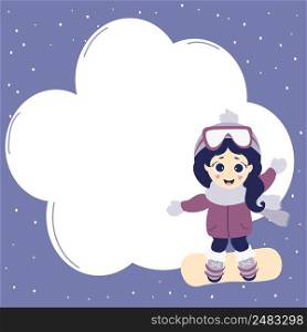 Winter sport postcard. A cute girl athlete in winter clothes is riding a snowboard. Blue background with snow and place-cloud for writing your text. Vector illustration for design, postcards and notes
