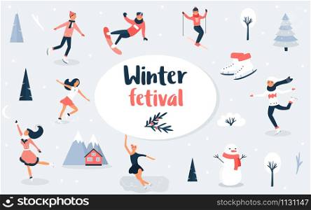 Winter sport scene, Christmas event and festival with people, sportsmen. Horizontal banner. Winter sport scene, Christmas event and festival