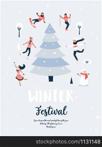 Winter sport scene, Christmas event and festival with people, sportsmen. Vertical banner. Winter sport scene, Christmas event and festival
