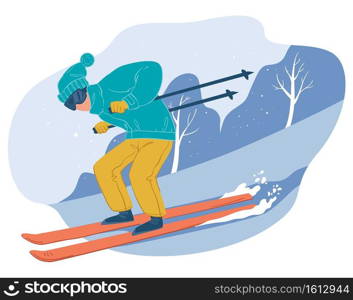 Winter sportive hobbies and active lifestyle during cold season. Equipped personage going downhill, skiing male character. Snowy landscape of forest and peaks of mountains. Vector in flat style. Skiing downhill, wintertime vacations and hobbies